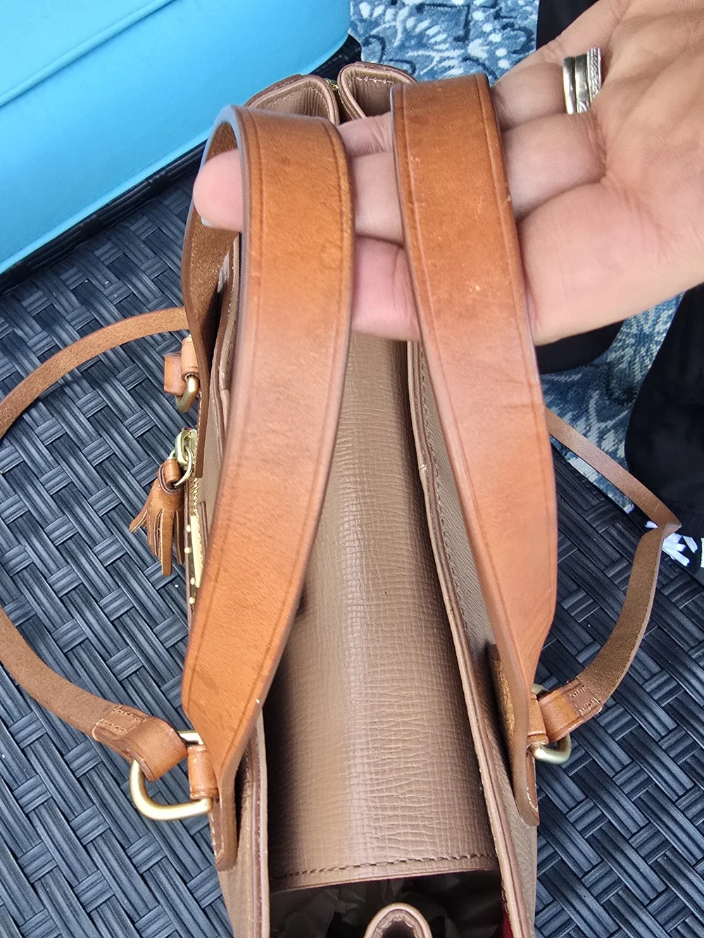 Dooney & Bourke Brown Leather Tote with Tan Trim and Tassel